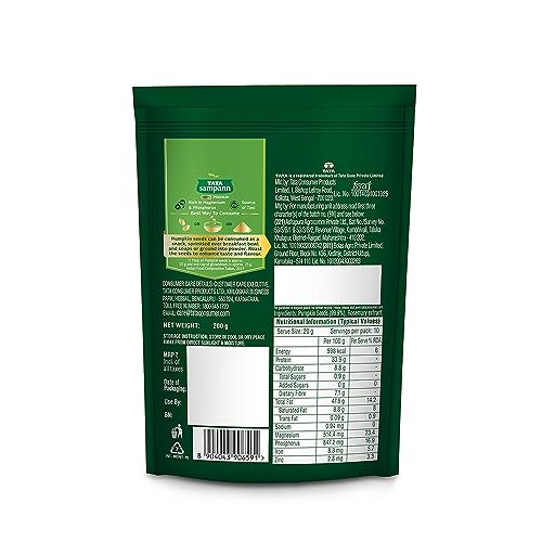 Image of Tata Sampann Pumpkin Seeds, 200g, Rich in Protein, Dietary Fibre, Magnesium & Phosphorus, Raw & Unroasted Pumpkin Seeds, Source of Iron & Zinc, Handpicked Seeds, Resealable Pack (Pack of 3)