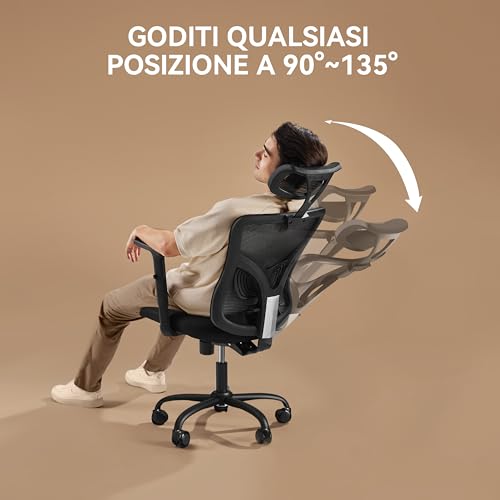 NOBLEWELL-Sedia-da-Ufficio-Sedia-da-scrivania-ergonomica-in-Rete-con-Supporto-Lombare-poggiatesta-Regolabile-bracciolo-Schienale-Sedia-da-Computer-Girevole-direzionale-Nera