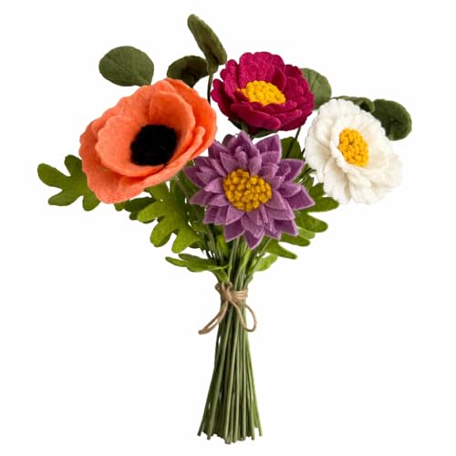 Glaciart One Wool Felt Flowers Set Handcrafted Artificial Arrangement with Colorful Stems Eco-Friendly Material Essential Oil Ready Reusable Decor Washable Gift for Events or Home
