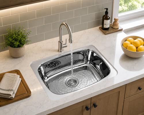 Image of Stainless Steel Kitchen Sink 21x18 Inch | Single Bowl Sink for Modular Kitchen | With Stainless Steel Waste Coupling & PVC Pipe | Heavy Duty Finish