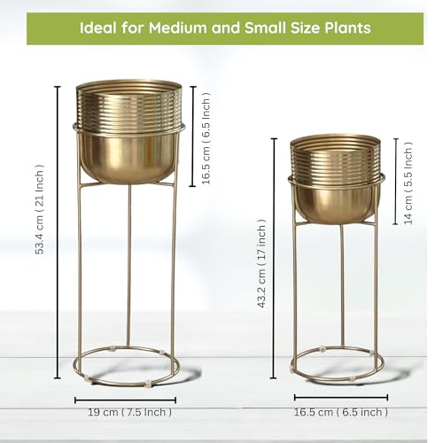 Image of Decorative Ribbed Gold Planters with Stands for Indoor Plants | Electroplated Gold Metal Planters for Living Room Bedroom Balcony Home and Office | Set of 2