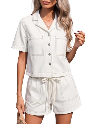 Kedera Womens Denim Two Piece Outfits Cropped Button Front Shirt Drawstring Jean Shorts Lounge Sets for Spring Summer