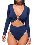 CUPSHE Women's One Piece Swimsuit Rash Guard Long Sleeve Cutout UPF 50+ UV Deep V Neck O-Ring,S Dark Navy Blue