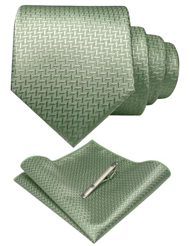 Image of RBOCOTT Sage Green Tie Woven Classic Formal Mens Necktie and Pocket Square with Tie Clip Set(400)