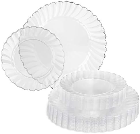Perfect Settings 50 Piece (25 Sets) Premium Clear Plastic Plates (25 x 10 Inch Dinner / 25 x 7 Inch Salad) Heavy Duty Elegant Disposable Dinnerware Plates (Clear Flared Edge)