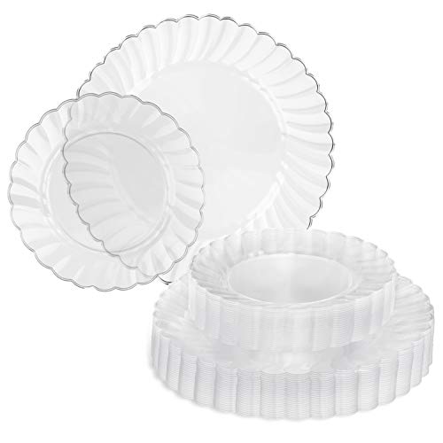 Perfect Settings 50 Piece (25 Sets) Premium Clear Plastic Plates (25 X 10 Inch Dinner / 25 X 7 Inch Salad) Heavy Duty Elegant Disposable Dinnerware Plates (Clear Flared Edge) #TOP19