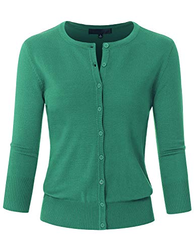 Image of Women's 3 /4 Sleeve Crew Neck Button Down Stretch Knit Cardigan Sweater (S-3XL)