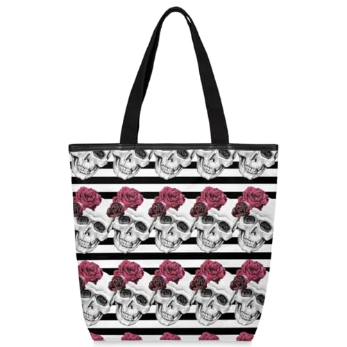 Striped Skull Roses Canvas Tote Bag with Zipper and Pockets Canvas Tote Shopping Bag Women Reusable Grocery Bag for Beach Travel Gym Shopping