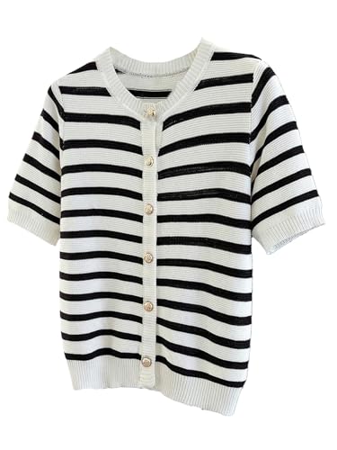 Verdusa Women's Old Money Striped Cardigan Sweaters Lightweight Button Up