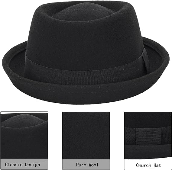 Cappello classico anni '20 in pura lana roll-brrim pork- Pie Fedora-Hat uomo donna – cappello da chiesa a tesa corta schiacciabile