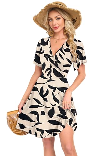 AUSELILY Damen Kleid Sommer Strandkleid Rüschenärmeln V-Ausschnitt Elastischer Taille und Taschen Swing Urlaubskleid Aprikose Schwarz Blatt XXL 5
