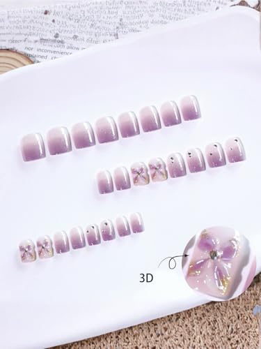 Image of Secret Lives Purple Gradient Artificial Press-On Nails - Short Square False Translucent Nail Extensions with 3D Flower Design 24-Pieces Set with Kit