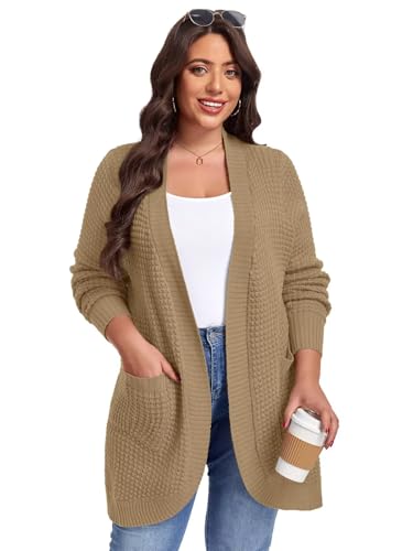 Image of LARACE Long Cardigans for Women Plus Size Tops Open Front Sweaters with Pockets Waffle Ribbed Sleeve Loose Fall Outwear