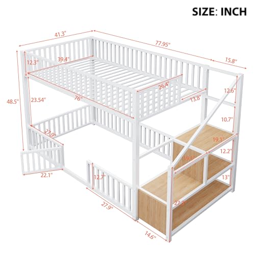 Image of Bellemave Metal Bunk beds Twin Over Twin with Guardrail and Storage Stairs, Floor bunk Bed with guardrail for Kids, White