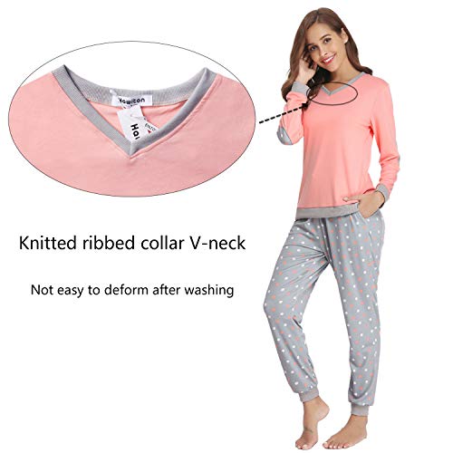 Hawiton Women's Cotton Long Sleeve Pajamas Set Sleepwear Dot Pattern Bottom Lounge Nightgowns Orange