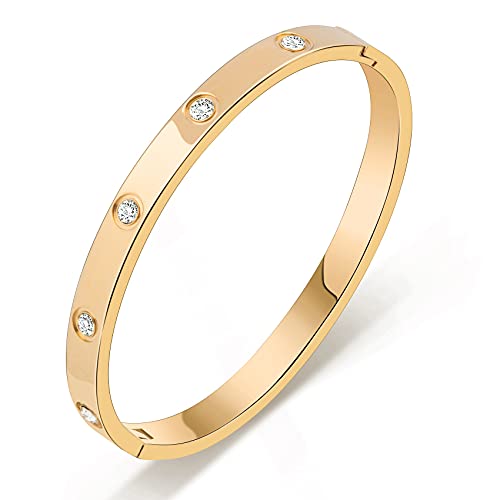 Bracelet for Couples, Love Friendship Oval Bangle Bracelet, Real Gold/Rose Gold/White Gold Plated, Inlaid Sparkle Diamond-Cut 5A+ Cubic Zirconia, 316L Surgical Steel, Hinged Bracelets for Women/Girl/Men/Boy, Perfect Gifts for Her, Gold