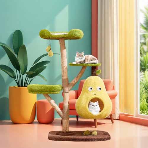 54'' Pear Luxury Cat Tree Tower, Solid Wood Cat Furniture for Multi-Cat Families, Cute Kitty Activity Center for Home Decoration, Spacious Condo with Removable Mat for Small Medium Large Cats