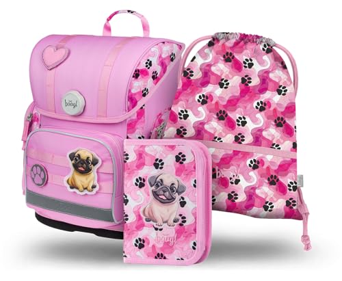 Baagl Schulranzen Jungen Mädchen Set 3 Teilig, Ergo Schultasche für 1. Klasse, Ergonomische Grundschule Ranzen Tornister mit Brustgurt (Pfötchen)