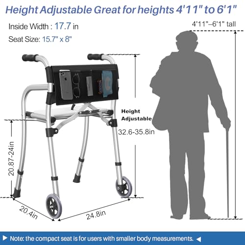 Image of Narrow Walkers for Seniors, Folding Standard Walker with Seat, Lightweight Aluminum Mobility Rolling Walker for Seniors and Adults, Compact Travel Walker Height Adjustable, Supports 350 lbs,Only 8LBS