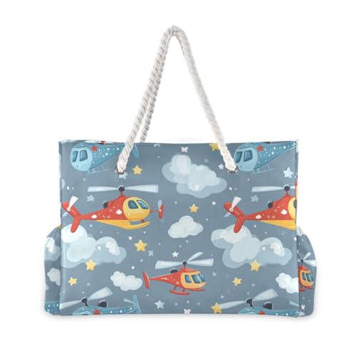 Helicopter and Stars Cloud Silver Cartoon Portable Sandproof Outdoor Tote with side pocketes Weekender Travel Bag for Pool Gym Grocery Travel2