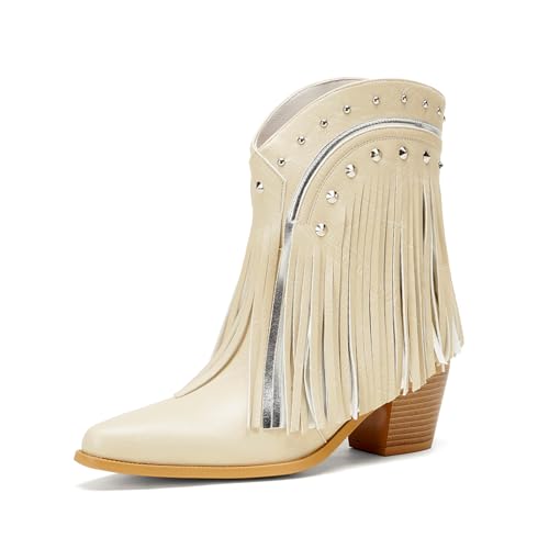 Cowboy Boots for Women Ankle Western Fringe Booties with Low Heel