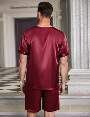 Image of Ekouaer Mens Pajamas Set Silk Satin Pjs Sets Summer Short Sleeve Button Down Sleepwear 2 Piece Loungewear with Pockets