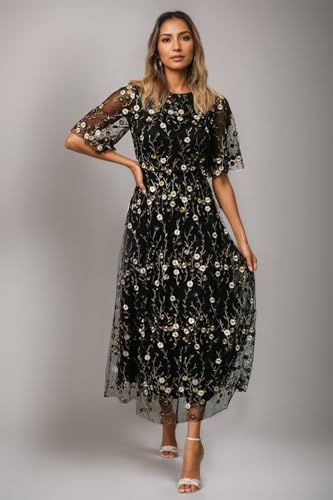 Flower Embroidery Tea Length Mother of The Bride Dresses Short Sleeves A-Line Formal Gowns for Prom Wedding Party DR05903