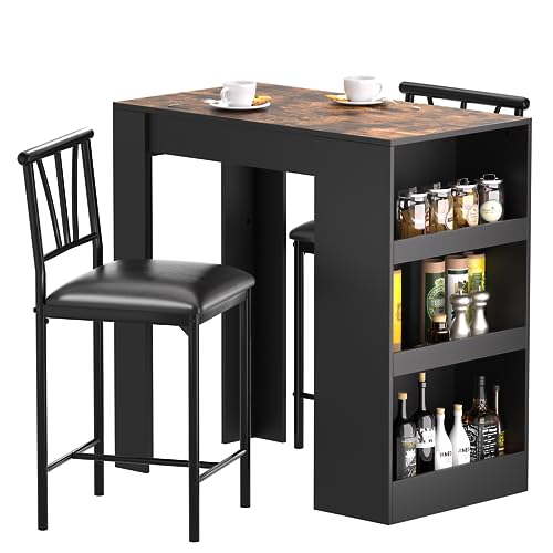 VECELO Small Bar Table and Chairs Tall Kitchen Breakfast Nook with Stools/Dining Set for 2, Storage...