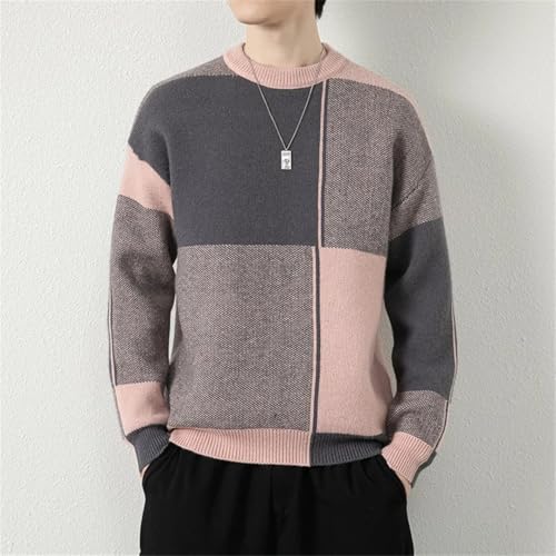Men's Plaid Knitted Sweaters Long Sleeve Pullover Harajuku Style Slim Fit Round Neck Sweater4