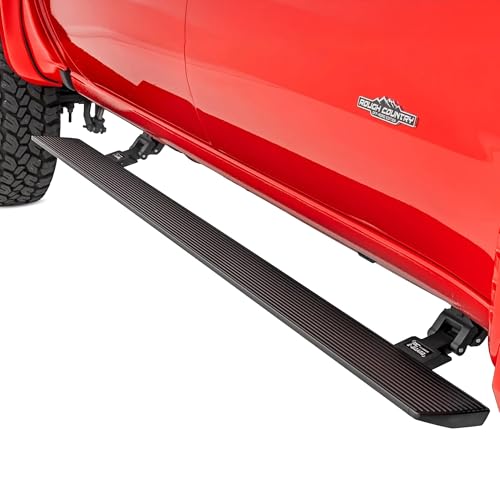 Rough Country Power Running Boards for Chevy Silverado & GMC Sierra 1500 / 2500HD / 3500HD Crew Cab (2014-2019) - Automatic Retractable Electric Side Steps with LED Lights, No-Drill Install