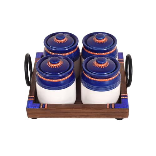 Image of AAKRITI ART CREATIONS Terra Wood Pickle Jar S04 W /Tray | Handcrafted Dhokra Brass Storage Jars| Kitchen Decoration Items Stylish Tray & Jars| Airtight Kitchen Jars with Teak Wooden
