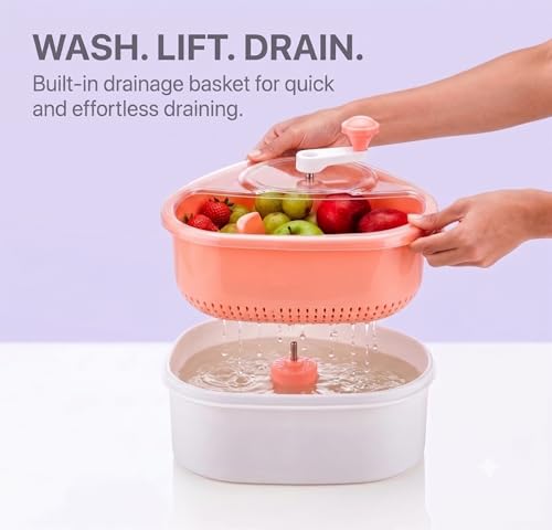 Image of Manual Fruit and Vegetable Cleaner Basket, Food Washer, Deep Cleaning Produce Rinse Bowl, Kitchen Strainer for Fruits and Vegitable, Pink