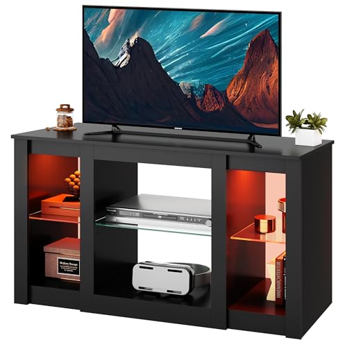 WLIVE TV Stand for 43 Inch TV, Modern Entertainment Center with LED Lights & Adjustable Glass Shelves, Sturdy Media Console for Living Room, Bedroom,Gaming (Black)