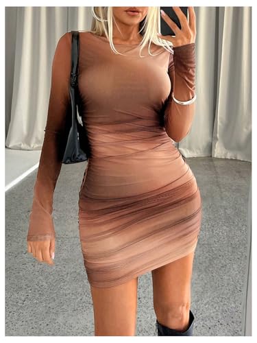 Image of GORGLITTER Women's Long Sleeve Mini Dress Vacation Party Wedding Guest Cocktail Ombre Ruched Mesh Bodycon Dresses