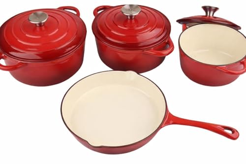 Enamel Cast Iron Dutch Oven and Saucepan Set with 7 pcs Non Stick Pans Set, 3 Small Medium Large Dutch Ovens with Lid and 1 Sauce Pan, Gas Induction Cooker Compatible Cookware - (Red)