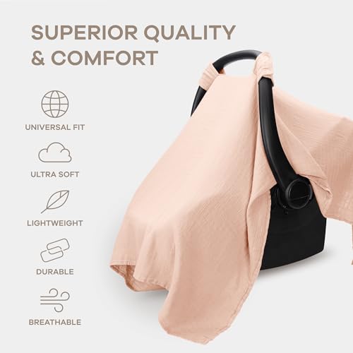 Image of Comfy Cubs Baby Car Seat Cover - Soft, Breathable Bamboo Rayon and Muslin Cotton Blend - Lightweight Canopy for Sun, Bug, and Comfort Protection - Large Size Infant Seat Cover in Blush Design