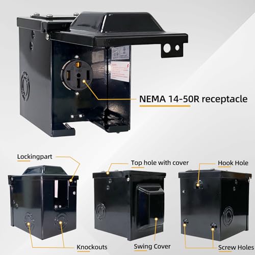 RVPNR RV/EV 50 Amp 125/250 Volt Power Outlet Box, Waterproof Lockable Enclosed Power Panel, 14-50R Receptacle, for RV Camper Travel Trailer Electric Car Generator (50Amp, Black) - Thumbnail 3