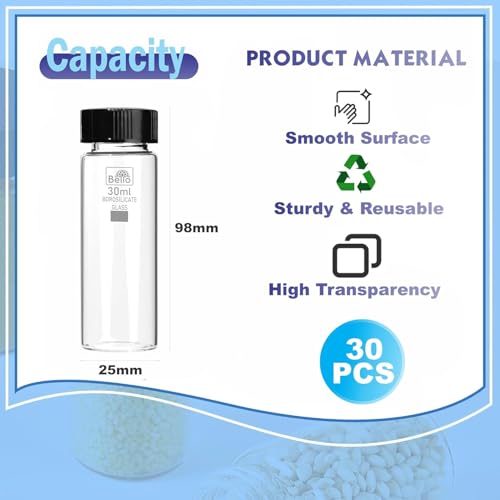 Image of Bello 30ml 30pcs Clear Glass Vials Culture Tube, Glass Sample Vial with PE Stopper, Leak-Proof Small Glass Bottles Containers Essential Oil Bottles for Storage Liquid, Pills and Lab Home Kitchen Use.