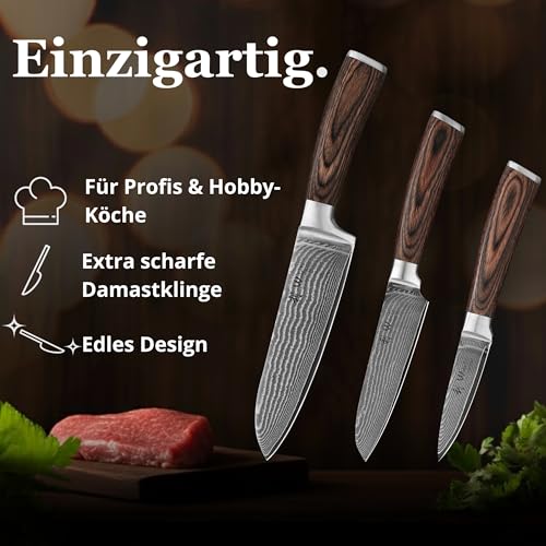 Wakoli EDIB 3-teiliges Küchenmesser Set aus echtem Damaststahl (VG10 Kern) in Geschenkbox aus Holz...