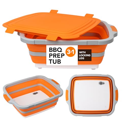 Tiawudi Large Collapsible BBQ Prep Tub with Locking Lid, Basket for Meal Prep Marinating Food Storage, Plastic Cutting Board(4.22 Gal/16L), Camping Sink with Colander, Dish Basin