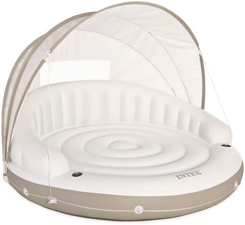 Intex 58292EP Canopy Island Inflatable Pool Float: Comfortable Lounge Surface – Built-in Cup Holders – Detachable Sunshade – 440lb Max Weight Capacity – 78.5" x 59"