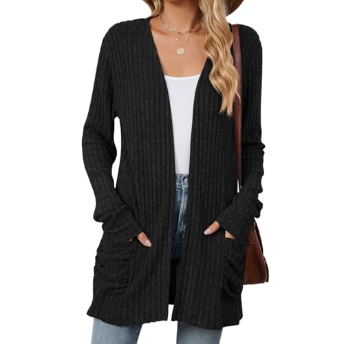 Famulily Black Long Cardigan for Women UK, Rib Knitted Solid Color Lightweight Outerwear Sweater with Pockets (M, Black)