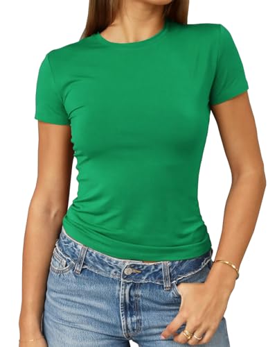 Abardsion Women's Casual Basic Going Out Crop Tops Slim Fit Short Sleeve Crew Neck Tight T Shirts 2026 (Green, S)