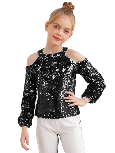 Girls Sparkly Sequin Tops Elegant Off Shoulder Glitter Long Sleeve Dressy Party Blouse Shirts3