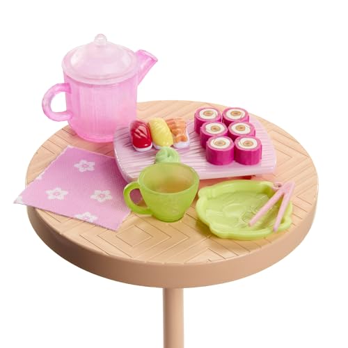Image of Barbie Pink Passport Japan Cafe Playset with Fashion Doll in Dress & Shoes, Furniture & Accessories, Including Tea Set & Sushi