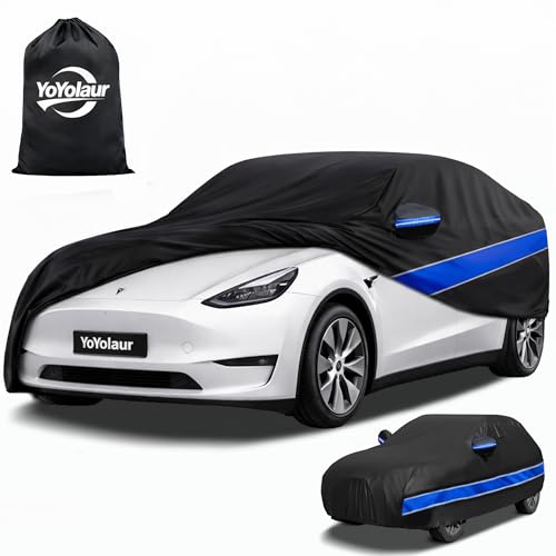 Car Cover Custom Fit Model Y 10-Layer Car Cover Waterproof All Weather Full Exterior Cover with Cotton Lining Sun Rain UV Dust Snow Protection with Door Zipper Fit for Model Y 2020-2025