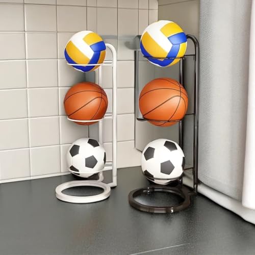 Image of ARHAT ORGANIZERS 3 Tier Sports Ball Stand, Modern Vertical Metal Ball Storage Rack - Holds Basketball, Volleyball, Football - Space-Saving Organizer for Home, Gym, Sports Room