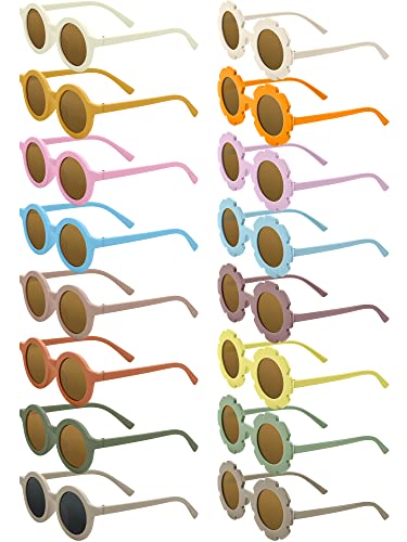 Dunzy 16 Pairs Kids Sunglasses Cute Round Flower Sunglasses Groovy Party Favors for Toddler Girls Boys Beach Party, Aged 3-10