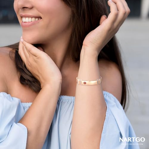 NARTGO Rose Gold Red Medical Alert ID Bracelet for Women Men's Emergency First Aid Health Alert Laser Engraved Satinless Steel Adjustable Wristband Bracelets4