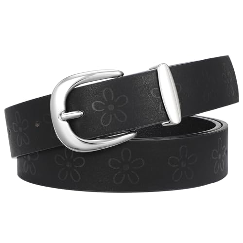 SANSTHS Womens Belt for Jeans Pants Dresses with Exquisite Silver Alloy Buckle, Belts for Women with Unique Print Design